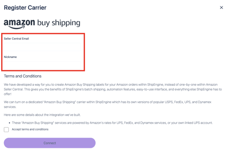 Amazon Buy Shipping registration form pop-up with credential fields highlighted