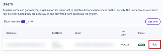Edit link highlighted for a specific user account in the Users settings.