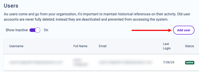 Add User button highlighted on Users settings screen.