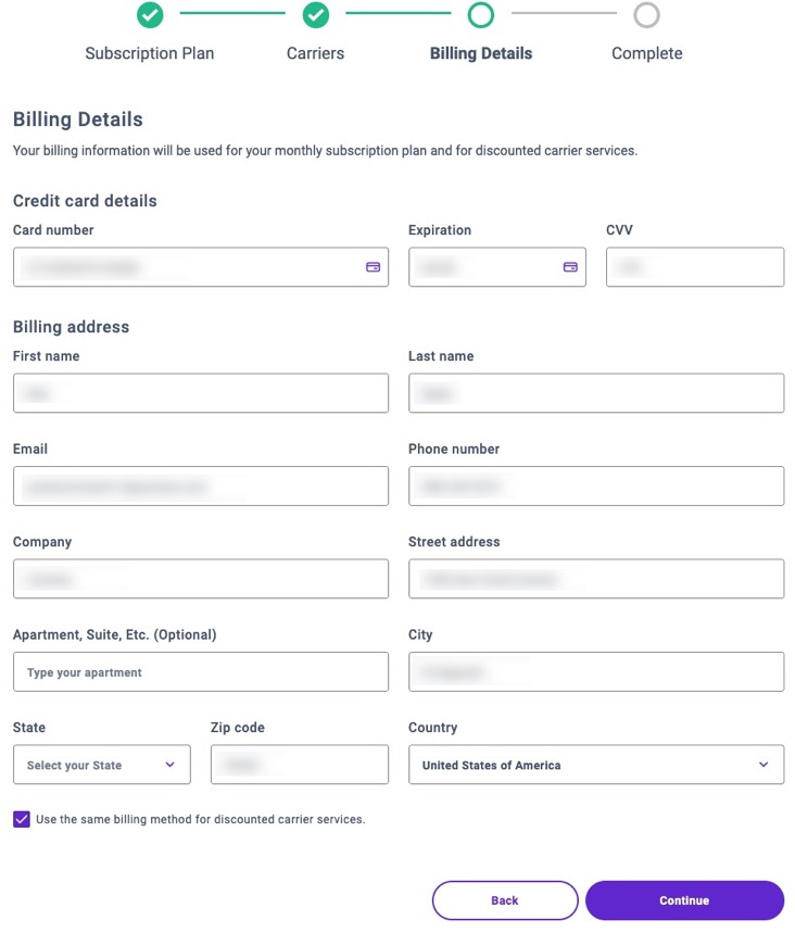 ShipEngine Carriers settings Billing Details page