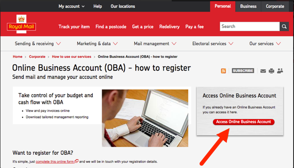 Royal Mail Online Business Account (OBA) screen. ­Access OBA button highlighted