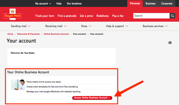 Royal Mail Online Business Account (OBA), Your Account screen. ­2nd Access OBA button highlighted