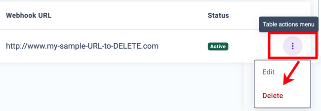 Trash can deletion icon selected for a webhook on Developer Webhooks settings page.