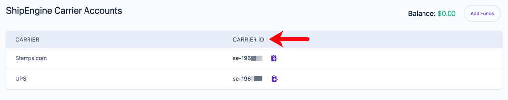 Carriers Setup up with Carrier ID column highlighted for ShipEngine Carrier Accounts