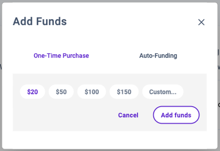 Pop-up for a one-time purchase of funds set to $20