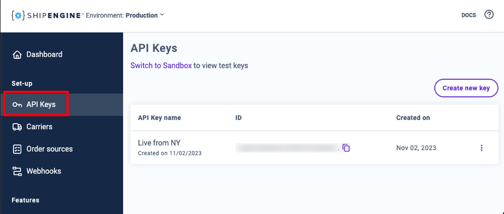 ShipEngine API Keys Setup page with product API key created