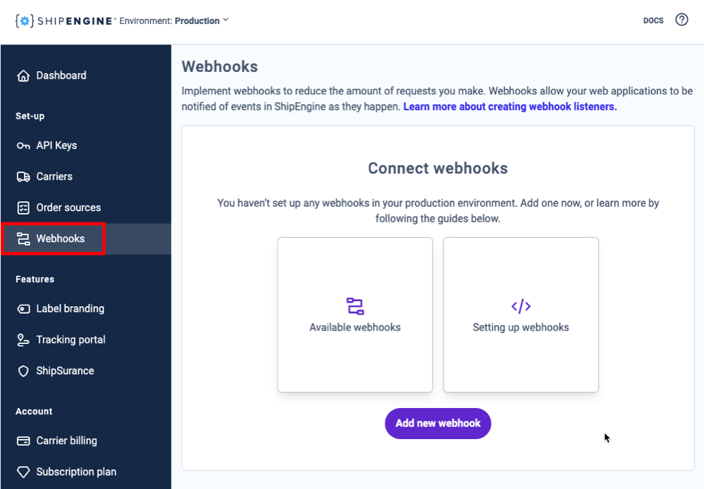 Webhooks settings with Available Webhooks and Settings up Webhooks options