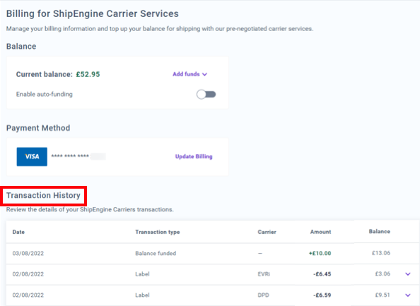 Transaction History grid on the Account > Carrier billing page