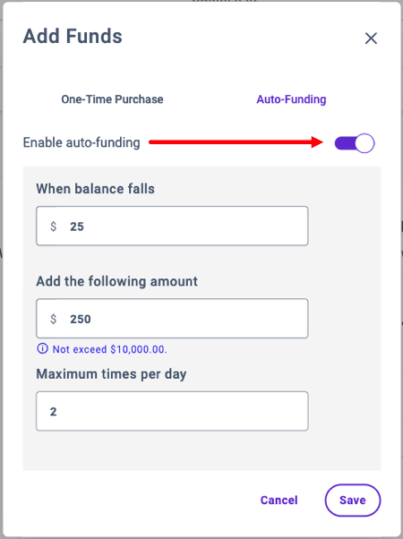 Add Funds pop-up with Auto-Funding toggled "On" in and balance amount fields filled in