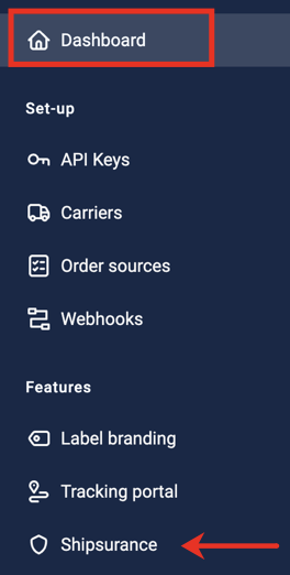 Side navigation. Dashboard and Shipsurance tab selected on menu.