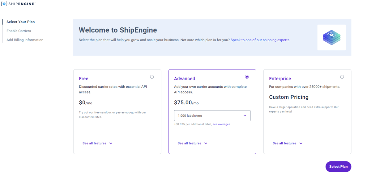 Select a plan screen on ShipEngine sign up flow