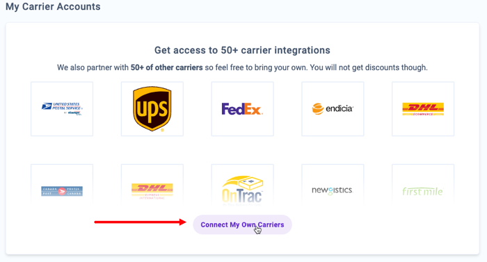 Carriers Setup screen with Connect My Own Carriers button highlighted