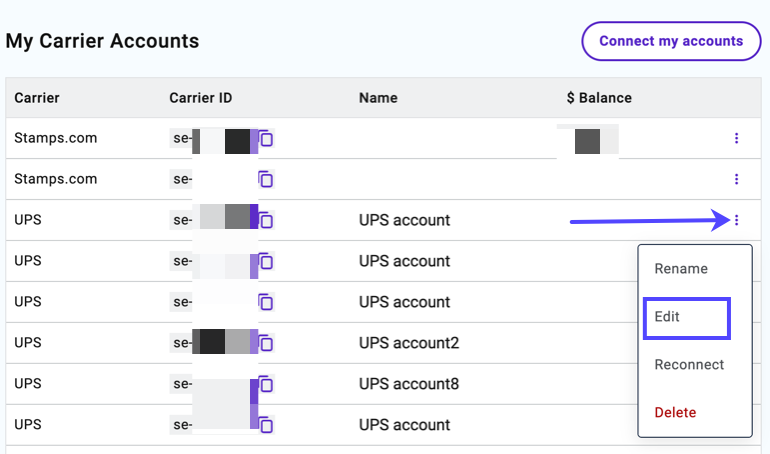 Actions menu open for UPS connection, with "Edit" option selected.