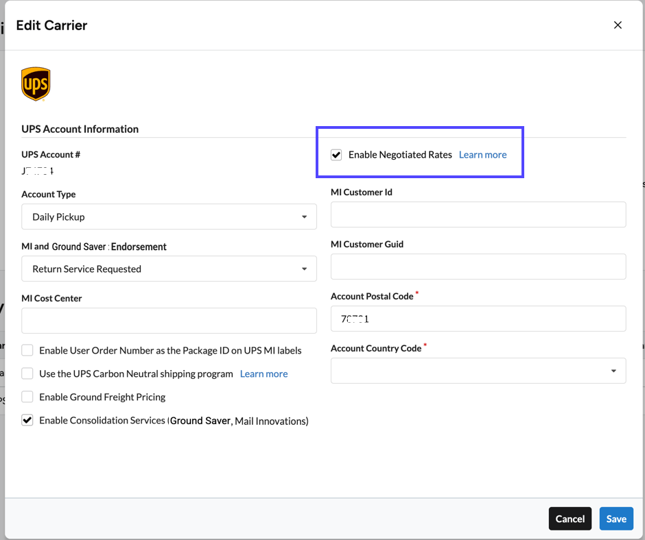UPS settings window with the Enable-Negotiated-Rates option checked