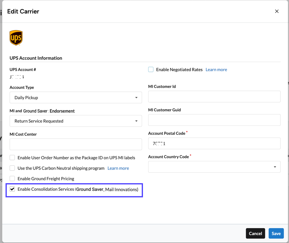 UPS settings window with Enable-Consolidation- Services option checked