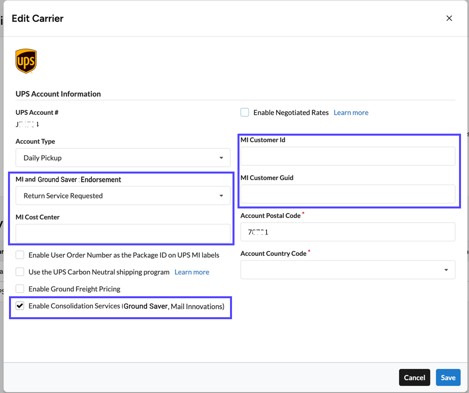 UPS Edit Carrier Popup. Boxes show 4 required fields & the Enable checkbox checked