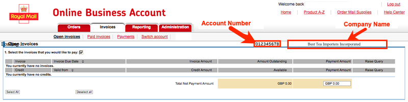 Royal Mail ­Online Business Account Company. Company Name and Account Number highlighted