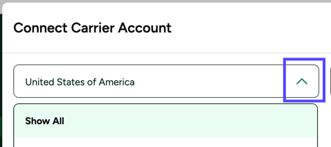 Country selector shown in Connect Carrier Account popup