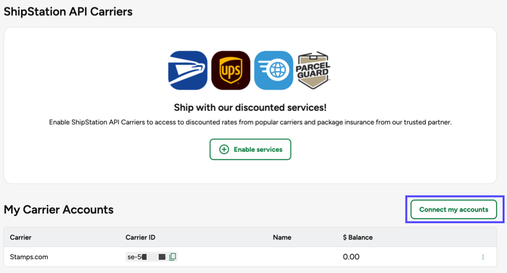 Carriers Setup screen with Connect My Own Accounts button shown