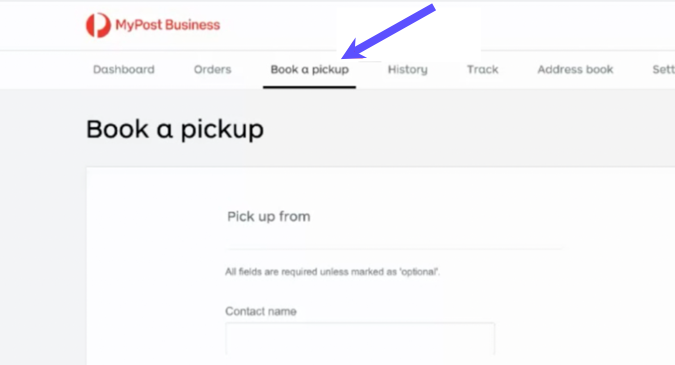 The MyPost Business admin page is displayed and Book a Pickup is selected.