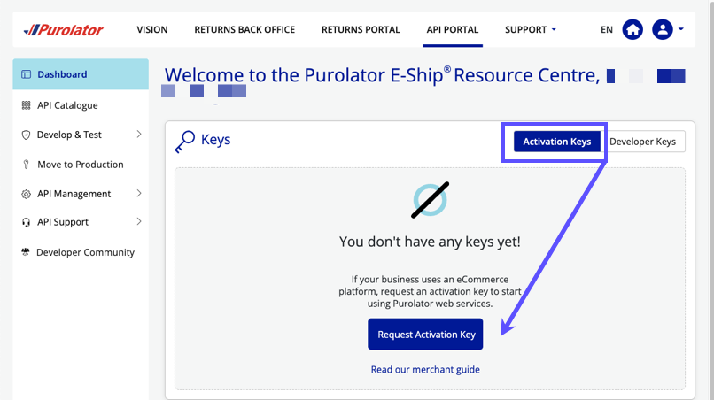 My-Purolator API Portal. Shows the Activation Keys & Request Activation Keys buttons