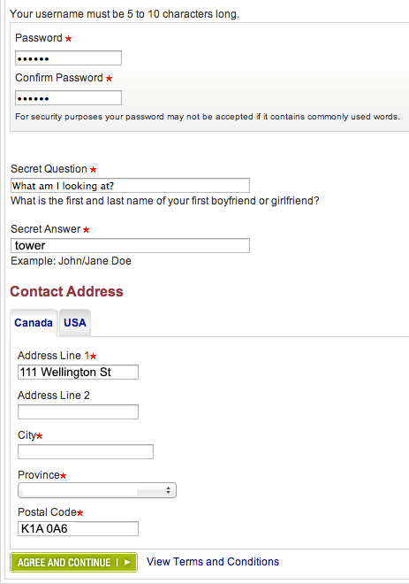 Canada Post My Business Profile signup form with required fields filled in.