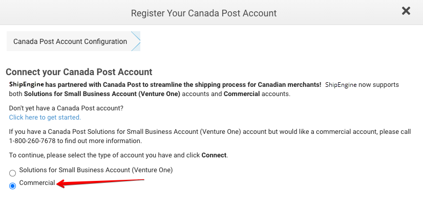 The Commercial option is selected on the Connect Your Canada Post Account screen.
