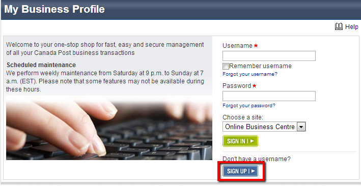 Canada Post My Business Profile registration page with Sign Up button highlighted.