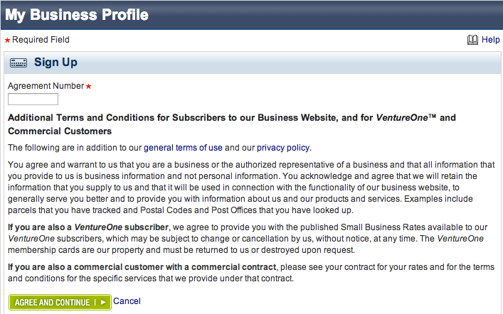 Canada Post My Business Profile sign up agreement