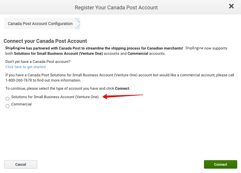 The Solutions for Small Business Account (Venture One) option is selected on the Canada Post account configuration screen.