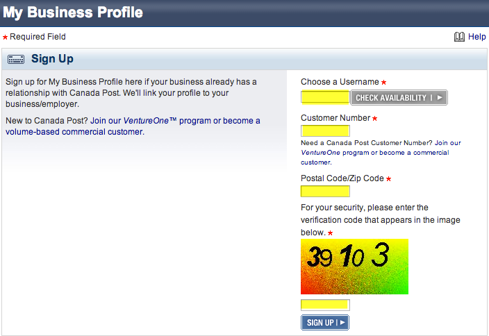 Canada Post My Business Profile signup form with fields to link Canada Post account.