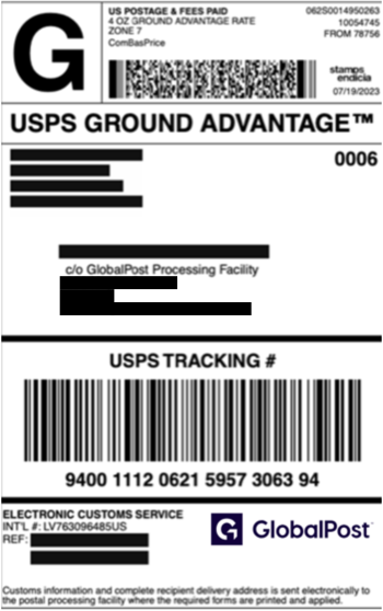 Global Advantage Program Example Label example with domestic address and scannable barcode
