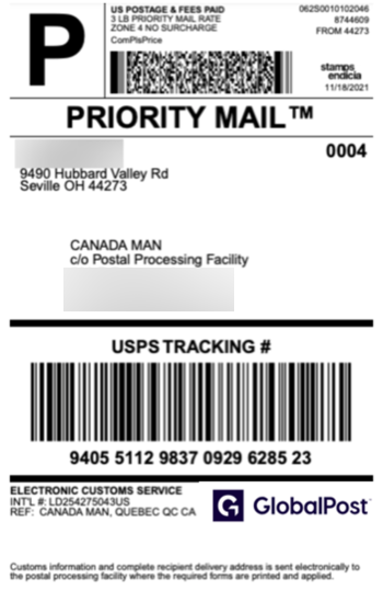 A Priority Mail GAP example label from the US to Canada