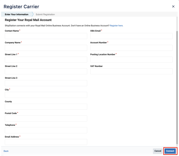 Royal Mail registration form pop-up with Connect button highlighted