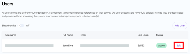 The edit link is highlighted for a user on the account settings screen.