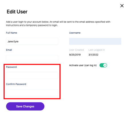 The edit user modal is displayed and the password and confirm password fields are highlighted.