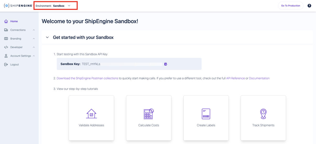 The ShipEngine Sandbox Dashboard is displayed.
