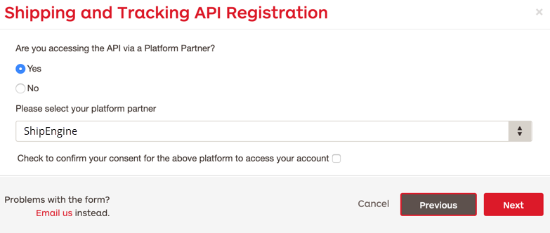 Australia Post Shipping and Tracking API registration form with ShipEngine selected as the platform partner