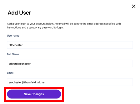 Information entered in fields of "Add User" pop-up window, with "Save Changes" button highlighted.