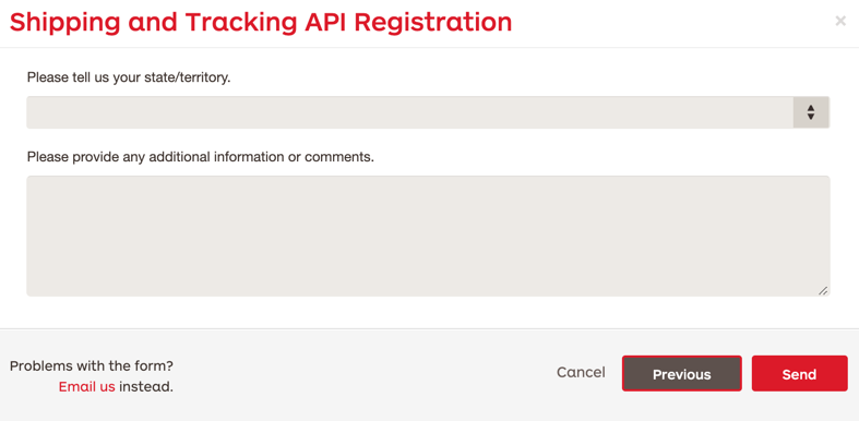 Australia Post Shipping and Tracking API Registration form submission page.