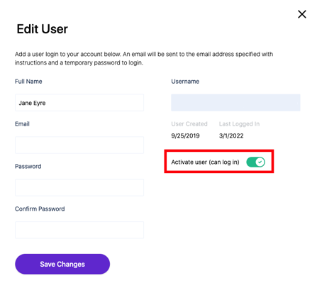 "Edit User" pop-up window, with "Activate user" option toggled on.