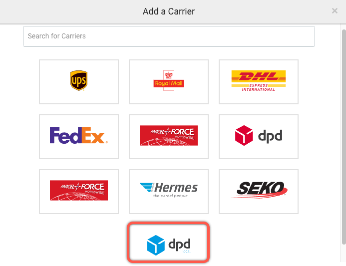 The available carriers are displayed with DPD Local highlighted.