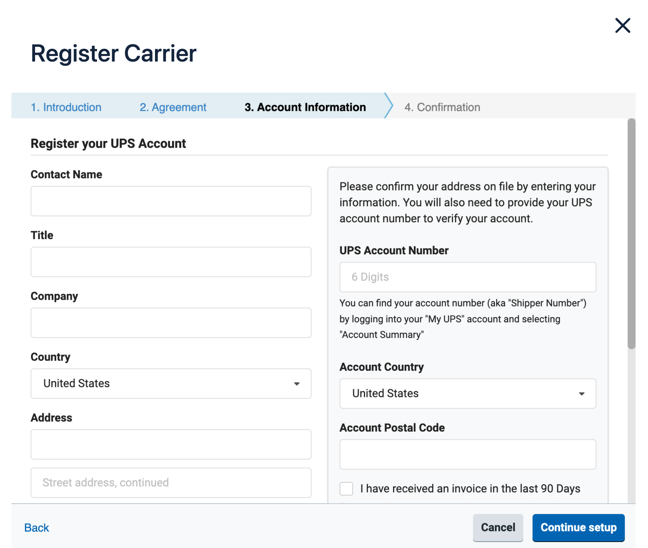 UPS account registration form in pop-up window