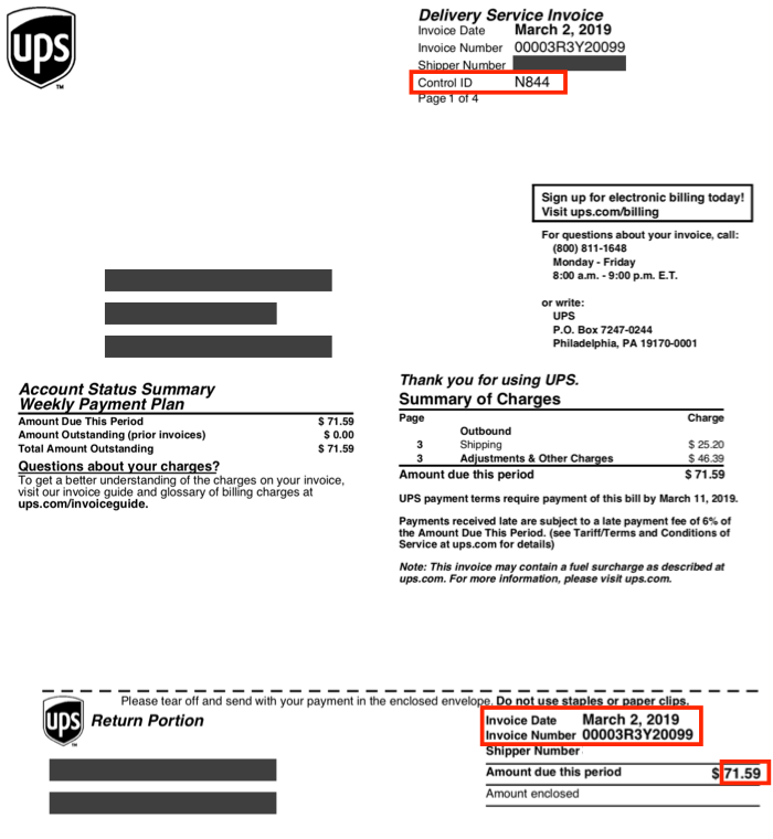 UPS invoice with ControlID Invoice date invoice number and amount due highlighted