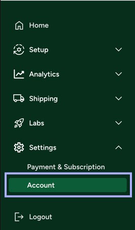 Side navigation shows Account selected under Settings