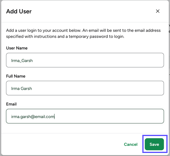 Information entered in fields of "Add User" pop-up window, with "Save Changes" button highlighted.