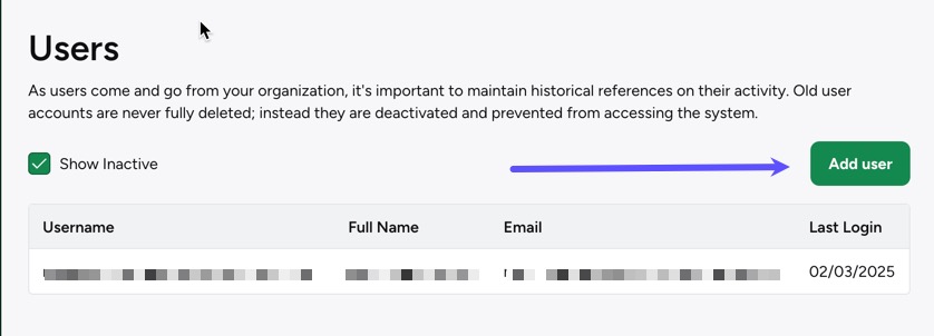 Add User button highlighted on Users settings screen.