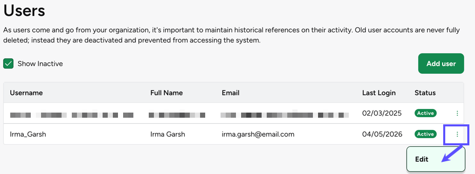 Edit link highlighted for a specific user account in the Users settings.
