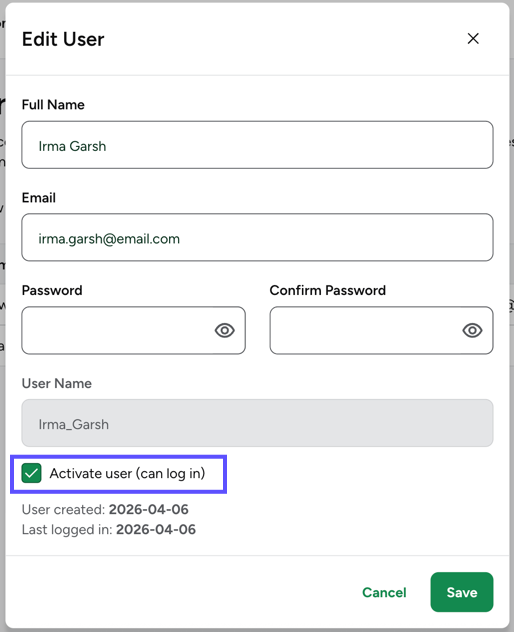 "Edit User" pop-up window, with "Activate user" option toggled on.
