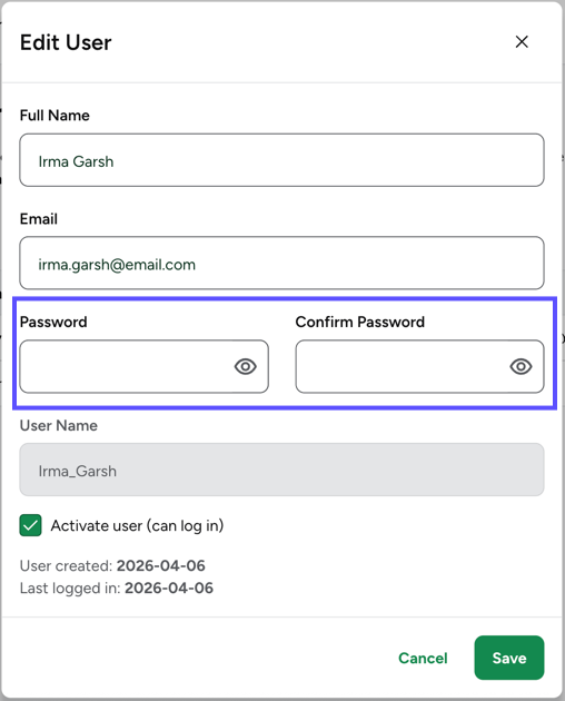 Password and Confirm Password fields highlighted in the "Edit User" pop-up window.